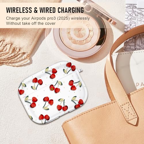 Image of Compatible Airpods Pro 3 Case (2025),Soft Cute Cherry Print Silicone Protective Cases for Apple AirPods Pro 3rd Generation Case,Airpod Pro 3 Cover with Keychain&Cleaner Kit for Women /Girls,Cherry