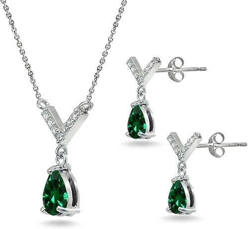 Miniatura 2 de B. BRILLIANT Juego de collar y aretes colgantes de plata de ley con diseño de lágrima en V con piedras preciosas genuinas o sintéticas