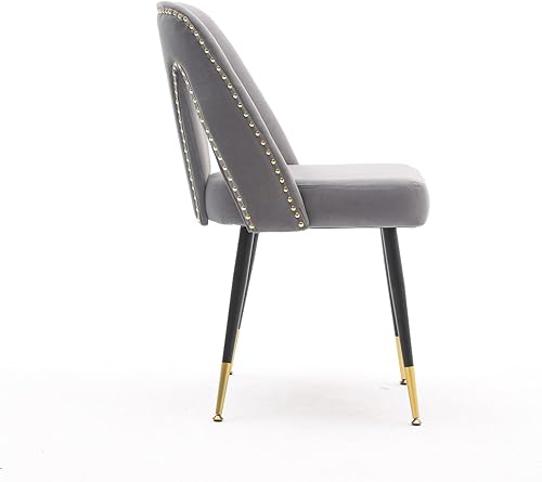 Miniatura 4 de Silla de comedor tapizada de terciopelo con patas de metal y respaldo abierto, decoración de remaches, silla auxiliar contemporánea, para comedor,