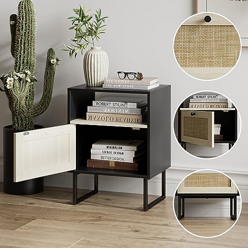 Image of Masupu Boho Night Stand, Small Rattan Side Table, Wood Nightstand with Drawer and White Oak Shelf, Bedside Table, End Table for Bedroom,Living Room,Office (Black Frame)