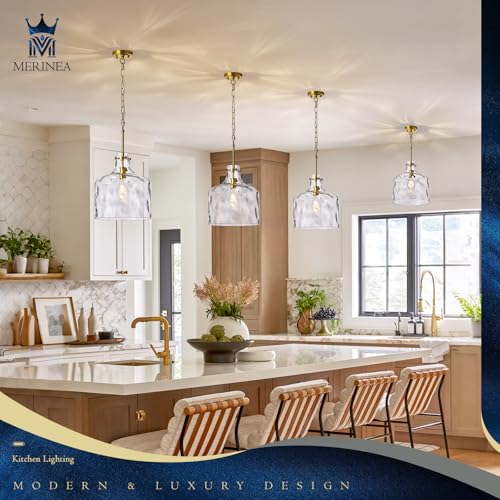Image of 12 inch Gold Farmhouse Pendant Light, Hammered Glass, E26 Hanging Light