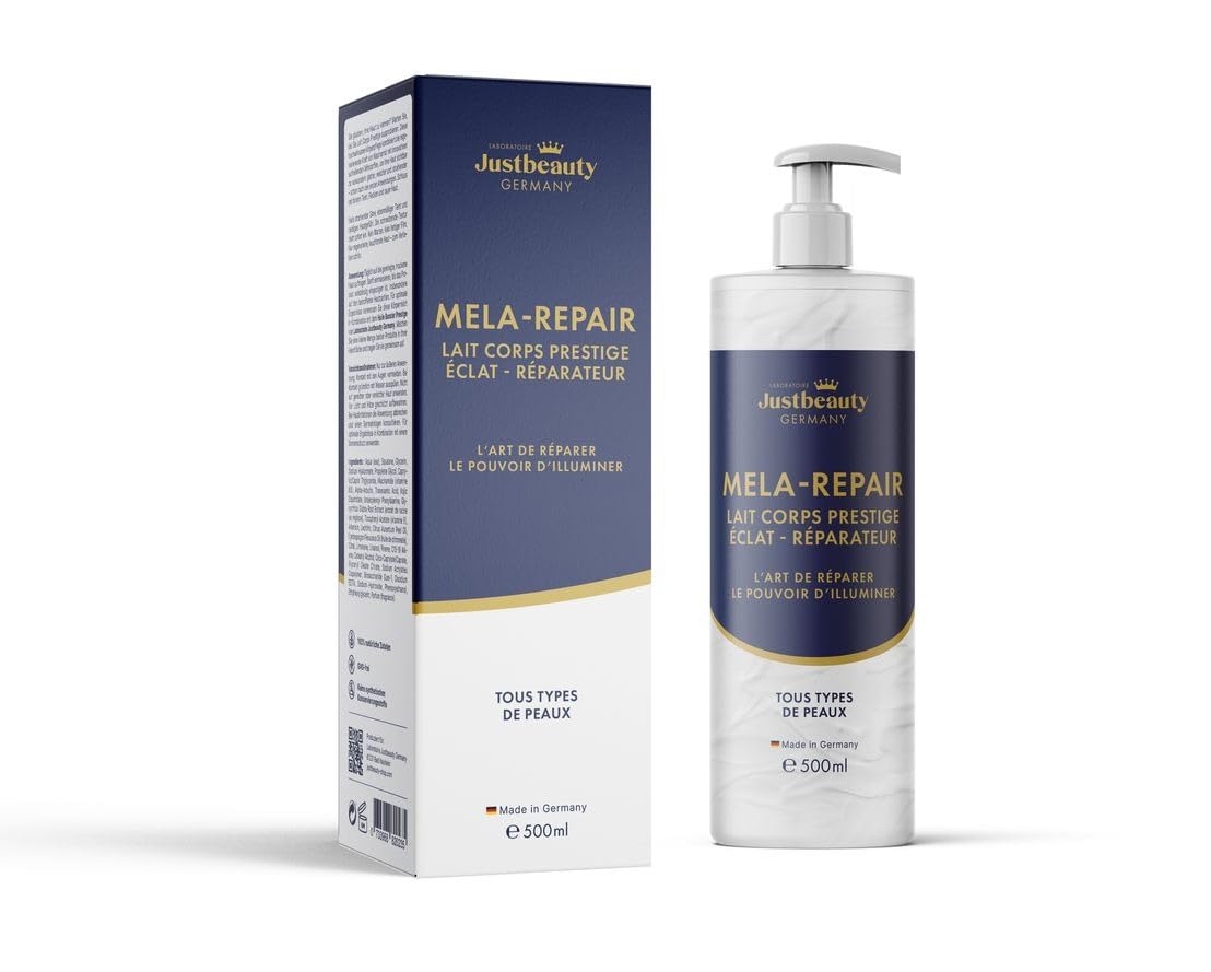 Justbeauty Germany MELA REPAIR - Lait Corps 500 ml – Soin pour Zones Sombres, Taches du Corps & Teint Irrégulier – Peau Plus Uniforme