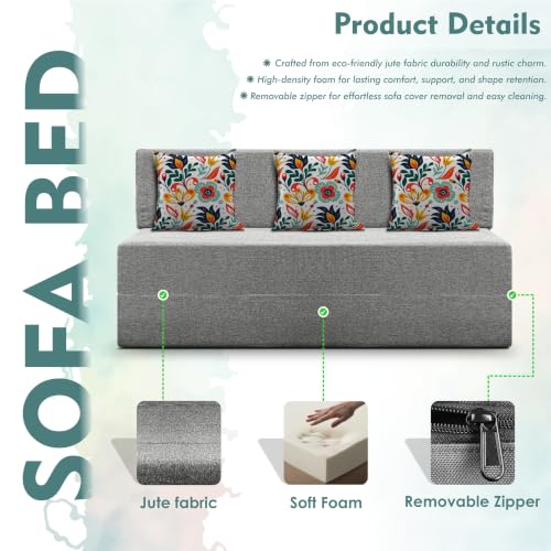 Image of Los Angeles Foldable Three Seater Sofa Cum Bed, Sofa Bed 5 X 6 Feet Jute Fabric Washable Cover- Including Cushion Perfect for Living Room - Grey