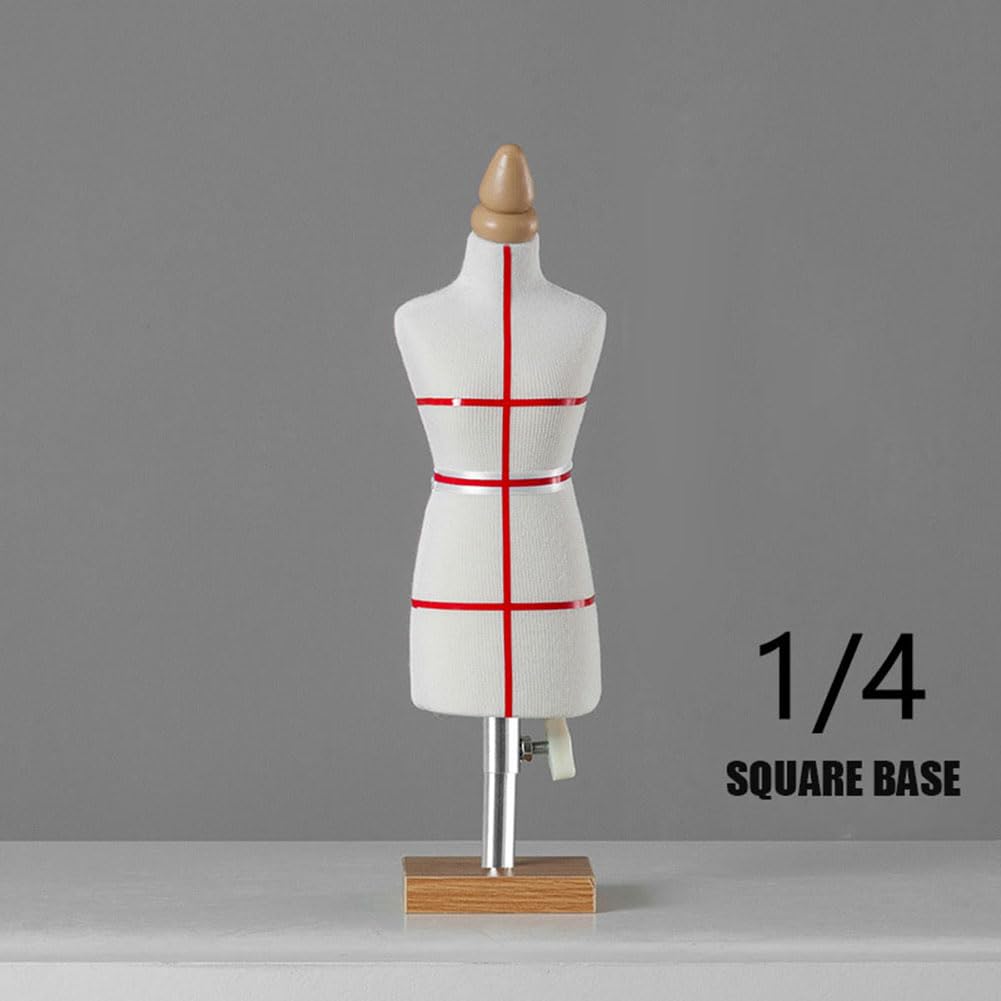 Mini manekin krawiecki dla kobiet, Manekin damski w skali 1/4 do szycia ubrań/tworzenia wykrojów krawieckich, wzór na manekina krawieckiego(45661,Square bottom+red line)