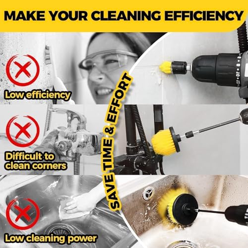 Image of 10 PCS Power Drill Scrubber Brush Attachment Set - Medium Bristle Yellow Cleaning Brushes with Extension Rod for Bathroom, Tile, Floor, Kitchen, Car & Bathtub Deep Cleaning