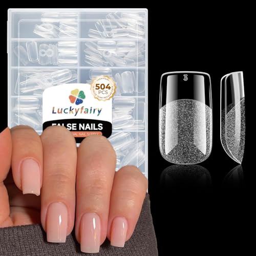 Nail Tips Square: 504PCS Tri-Layer Core Short Square Gel Nail Tips 12 Sizes Soft Clear Nails Full Cover Acrylic False Fake Nails for Women Flat & Natural Nail Extensions Home