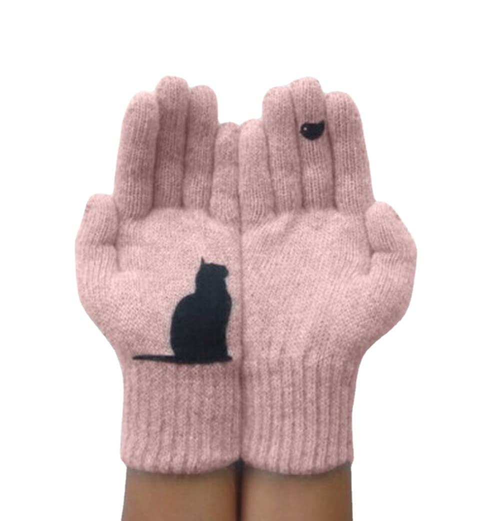 Muskela D Cat Fan Cotton Gloves Cat Bir Print Gloves Cute Pink Simple Mitten (D)