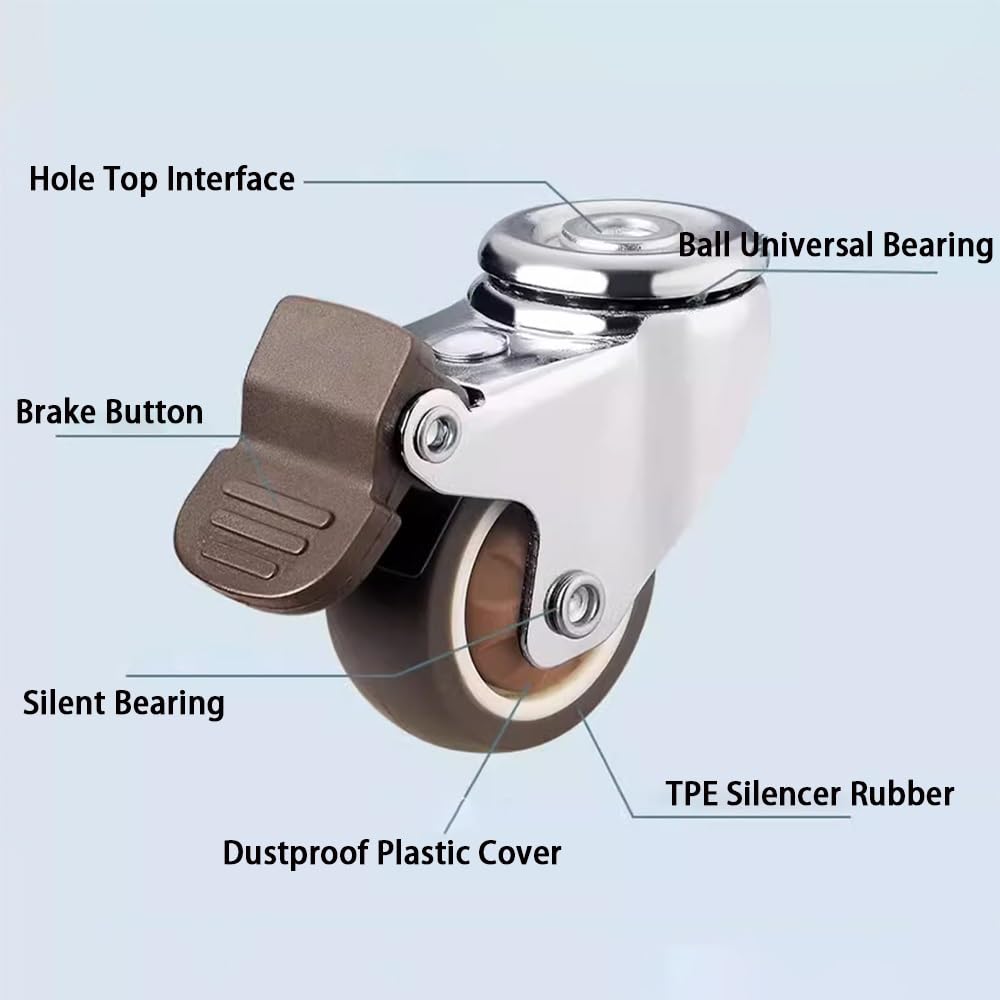 4 Pezzi Ruote Pivottanti con Freni, Foro Superiore Universale Ruote 8 MM, 3 Pollici Silenziose TPE Ruote in Gomma per Carrelli, Mobiletti(Swivel)
