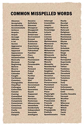 Image of Commonly Misspelled Words Poster Writing Spelling For Elementary Middle Or High School Classroom Cool Wall Art Print Poster 12x18