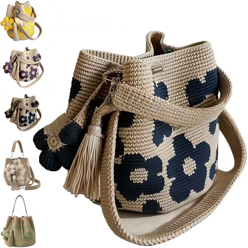 Sac fourre-tout floral en crochet bleu bandoulière femme