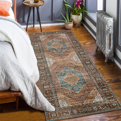 GENIMO Runner Rug 2x10,Hallway Runner Rug Non Slip, Machine Washable Low Pile Lightweight Retro Carpet for Living Room, Entryway, Bedroom, Kitchen and Passage, Brick RED