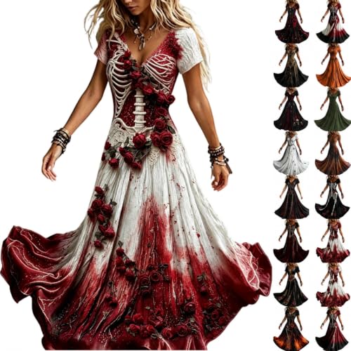 XOGWVJ Halloween Dresses for Women Skeleton Print Gothic Maxi Dress Short Sleeve Costume Party Outfit Renaissance Medieval plus size medieval dress Red M - image 1