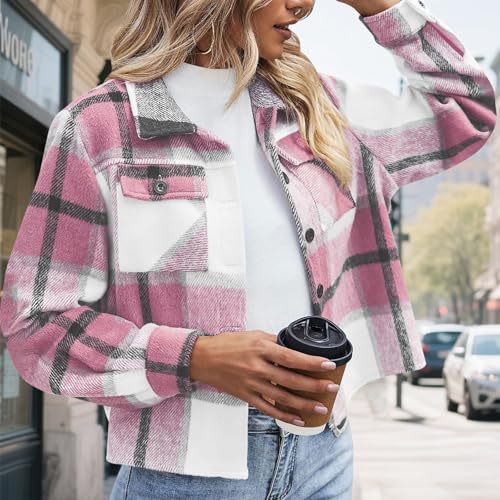 ABABC Jackets for Women Button Down Long Sleeve Flannel Jacket Casual Turndown Collar Plaid Cropped Shacket Jacket2