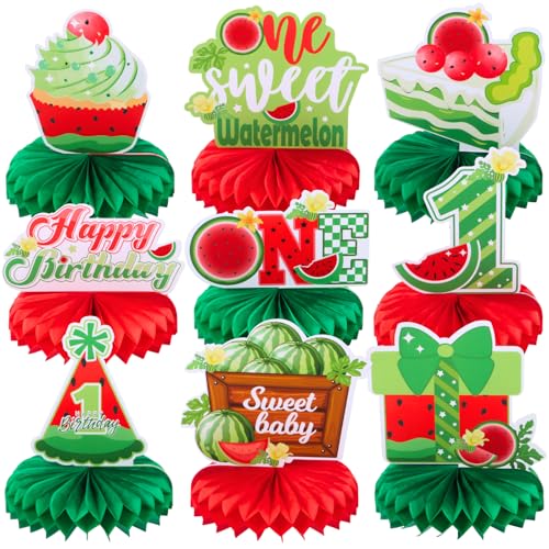 Image of 9pcs Watermelon First Birthday Honeycomb Centerpieces Sweet One Watermelon Party Table Decorations One in a Melon Tabletop Centerpieces for Baby Shower 1st Birthday Table Topper Sign Decorations