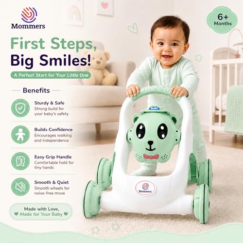 Image of Mommers Baby Walker Musical Push Support with Wheels & Handle Cute Design Activity Walker, for Toddlers, Balanced Wheels, Indoor Play, Green