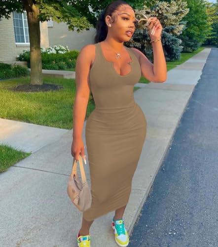 Image of Nimsruc Women Casual Sexy Deep U Neck Tank Top Bodycon Dress Summer Sleeveless Wrap Long Basic Party Club Maxi Dresses