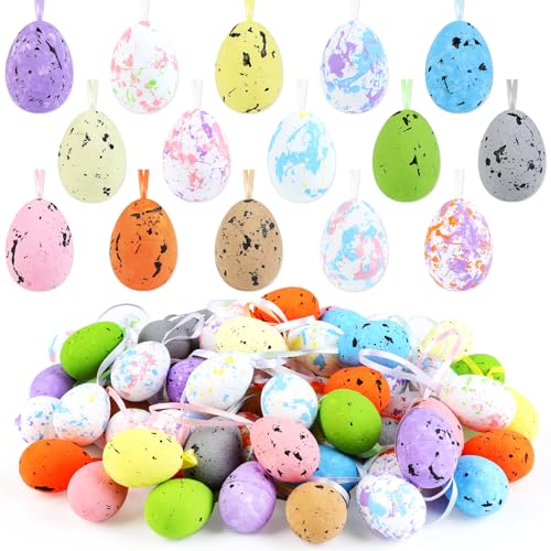 Wlicon 60 Pièces Oeufs de Pâques en Mousse à Suspendre Oeufs en Mousse Colorés à Accrocher Mini Œufs de Pâques à Suspendre avec Corde pour Arbre...