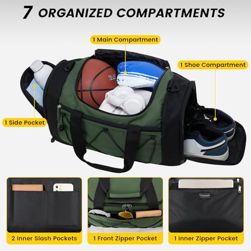 Image of Vorspack Gym Bag for Men - 18 Inches Small Duffle Bag for Travel Lightweight Duffel Bag with Shoe Compartment Personal Item Travel Bag Weekender Bag for Travel Sports Gym - Green