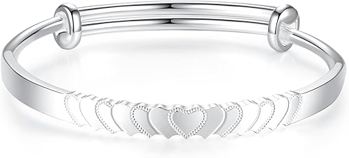 haiiah Pulseras de plata de ley para mujeres y niñas, pulsera con patrón de corazón tallado, pulsera ajustable de plata 99.99% para mujer, Sin gemas.