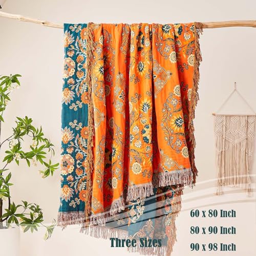 Image of XIBLC Boho Throw Blanket 100% Cotton Ultra Soft Luxury Throw Rustic Quilt 50 inchx60 inch Floral Printed Farmhouse Decor Bed Summer Blankets All Season Rustic Reversible Bohemian Throw for Bed Orange