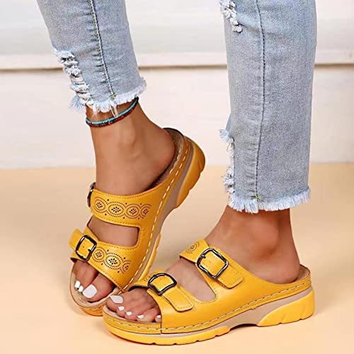 Women Leather Sandals with Arch Support Open Toe Hollow Out Wedge Sandals Adjustable Slip on Sandal Summer Slip-on Slippers Platform Sandal for Women 20253