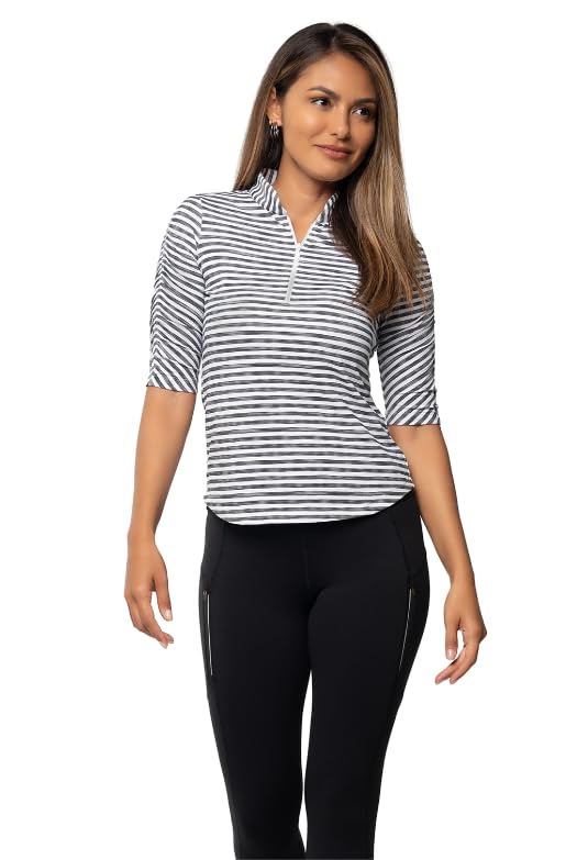 IBKUL Athleisure Wear Sun Protective UPF 50+ Icefil Cooling-Landon Stripe II Print Ruched Elbow Sleeve Top-41164