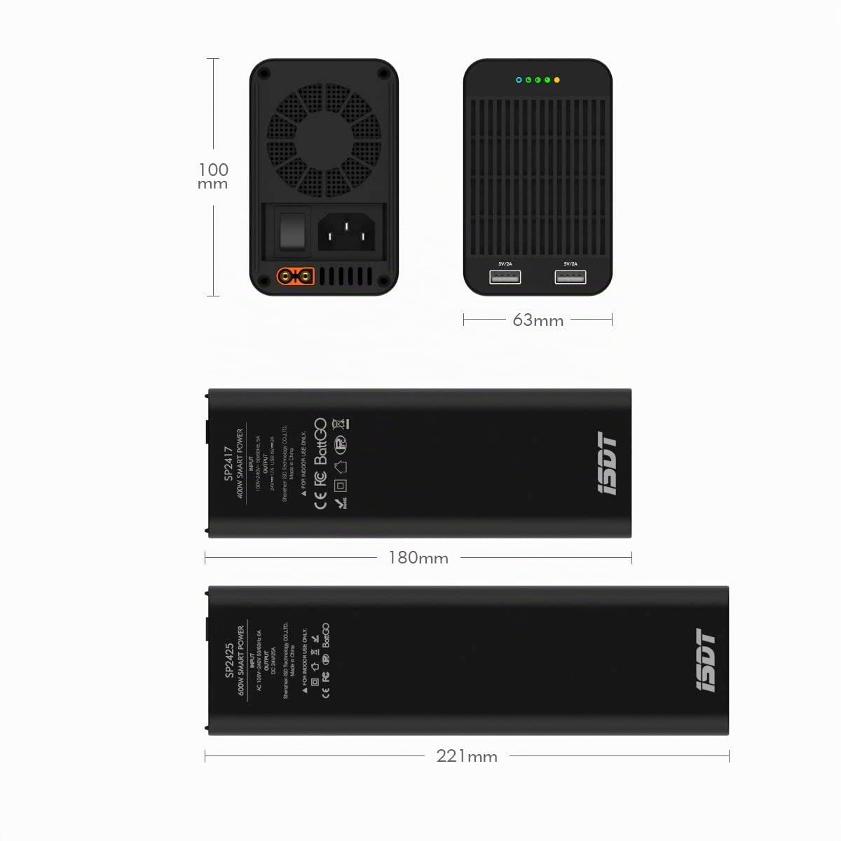 ISDT SP2417 Adaptateur d'alimentation intelligent 400 W 17 A 1 port CC et 2 ports de sortie de charge USB pour voyage camping d'urgence pour batterie au lithium/LiPo/Life/Li-ion/NiMH/Nicd (400 W 17 A)