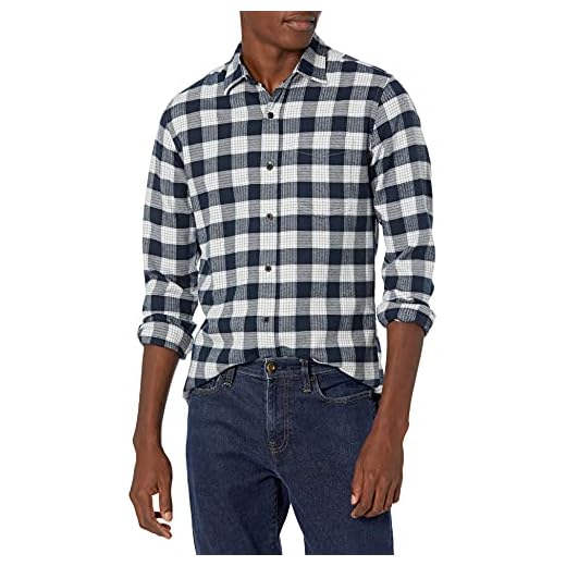 Amazon Essentials - Camisa de franela a cuadros de manga larga y ajuste regular para hombre, Azul (Navy Plaid), US S (EU S)