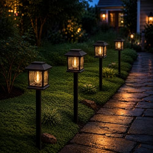 Image of Beuaati Solar Lights Outdoor Garden, 4 Pack Solar Garden Lights Warm White 3000K, IP44 Waterproof Vintage Solar Decorative Path Lights with Dusk-to-Dawn Sensor for Lawn, Walkway, Terrace & Courtyard