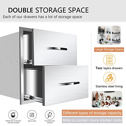Image of 18''W x 15''H x 23''D Outdoor Kitchen Stainless Steel Flush Mount BBQ Double Access Drawers with Handles for Outdoor Kitchens or Patio Grill Station