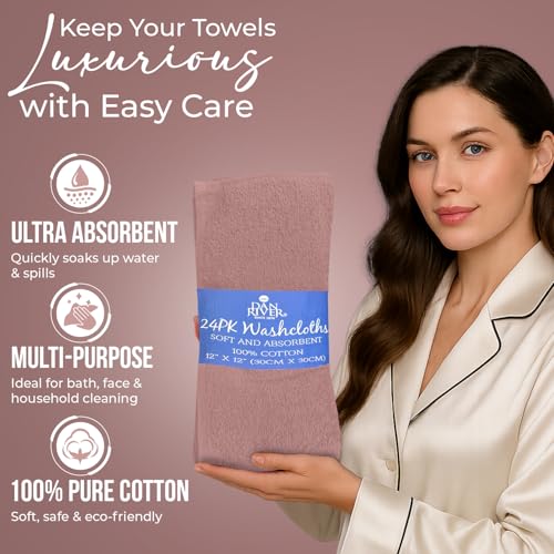 Image of DAN RIVER 24 Pack Wash Cloths for Showering [12x12] - 100% Cotton Washcloths Premium Quality Flannel Face Cloths for Bathroom, Highly Absorbent and Soft Feel Wash Clothes, Dusty Pink