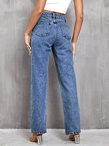 SweatyRocks Women's High Waisted Straight Leg Long Jeans Asymmetrical Waist Denim Pants Split Hem Blue S2