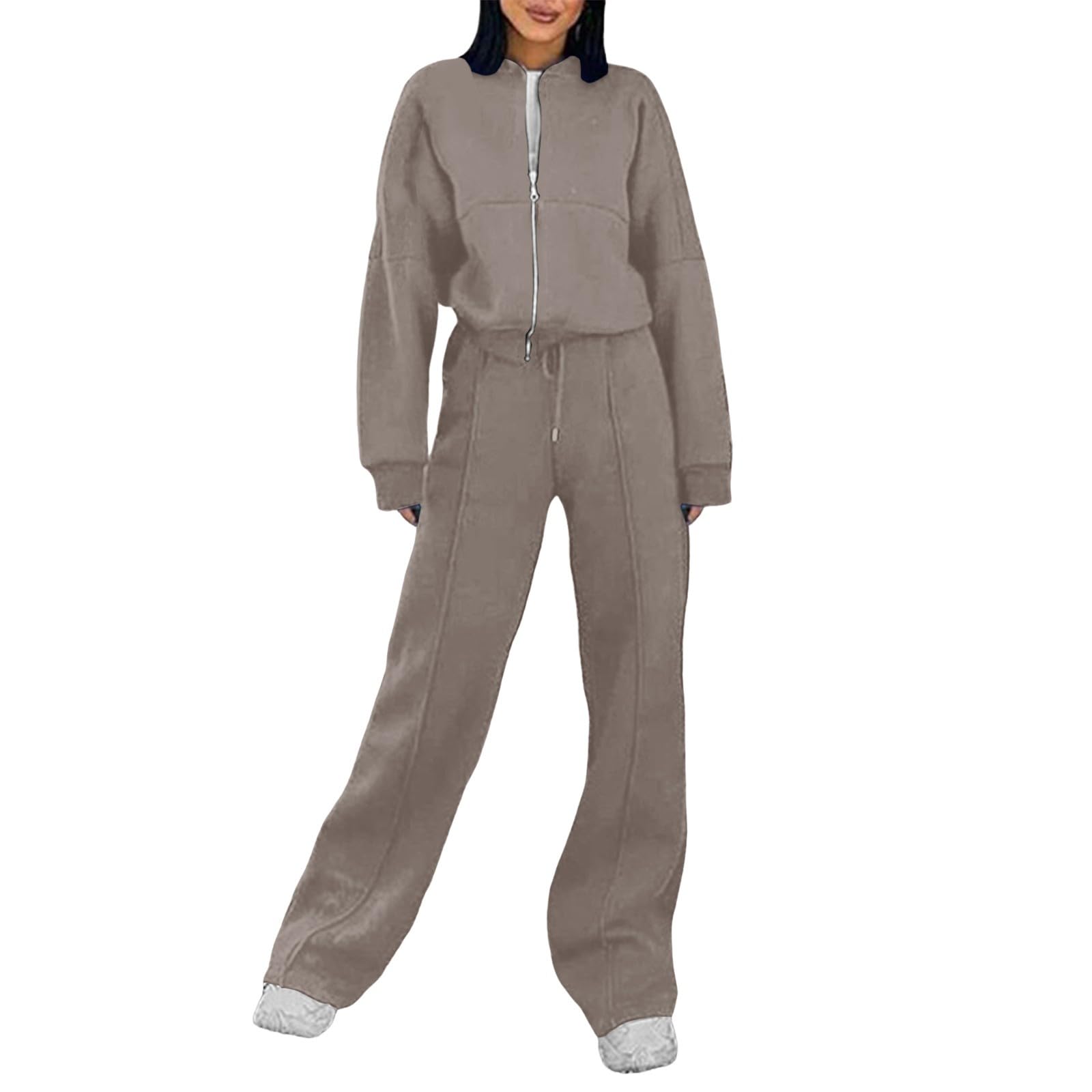 Generisch Tuta da donna in due pezzi, per autunno e inverno, con cappuccio e coulisse, in tinta unita, calda, elastica, comoda, per sport all'aria aperta, da corsa, da jogging, da jogging