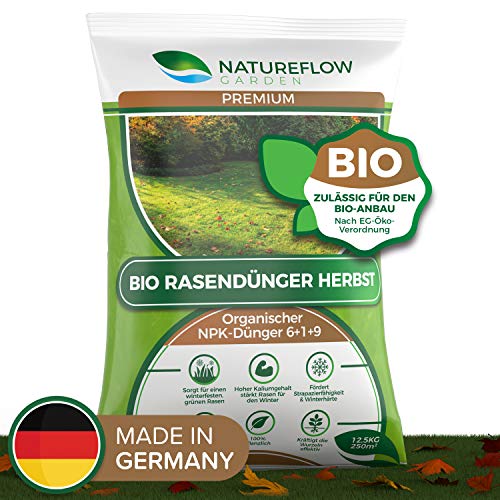 Natureflow Premium Organischer Herbstrasendünger - 12,5kg Bio Rasendünger Herbst für einen Kräftigen, Winterfesten, Gesunden Traumrasen - NPK Dünger 6+1+9 für Strapazierfähigkeit und Winterhärte