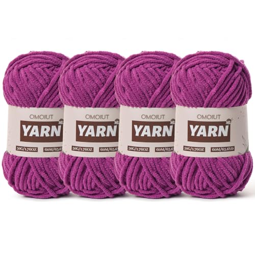 Image of 4 Packs Plush Chenille Chunky Crochet Yarn - Baby Yarn for Crocheting Soft - Velvet Yarns Knitting for Blankets Crafts - Fluffy Amigurumi Yarns 200g /262.5yds (4 Dark Purple)