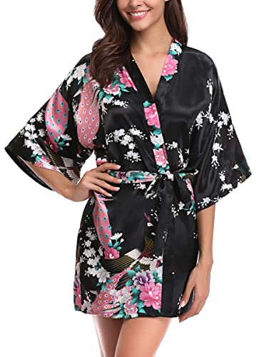 Migcaput Kimono Bata para Satin Mujer Sexy Bata dama de Honor Verano Corto Bata Novia Albornoces para Mujer Negro,M