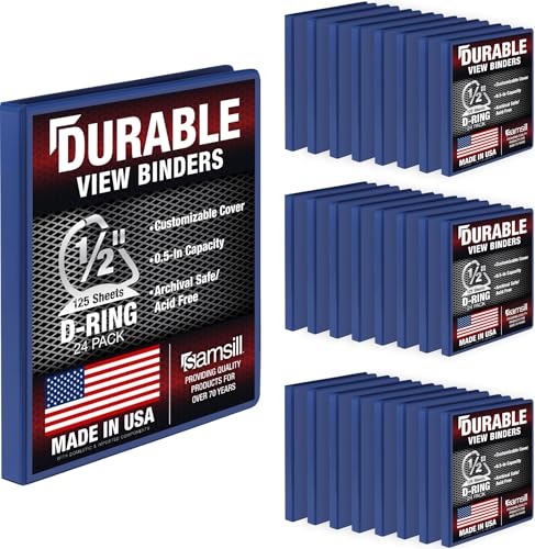 Image of Samsill Durable 0.5 Inch Binder, D Ring Binder, Customizable Clear View Cover, Blue, 24 Pack, Each Holds 125 Pages