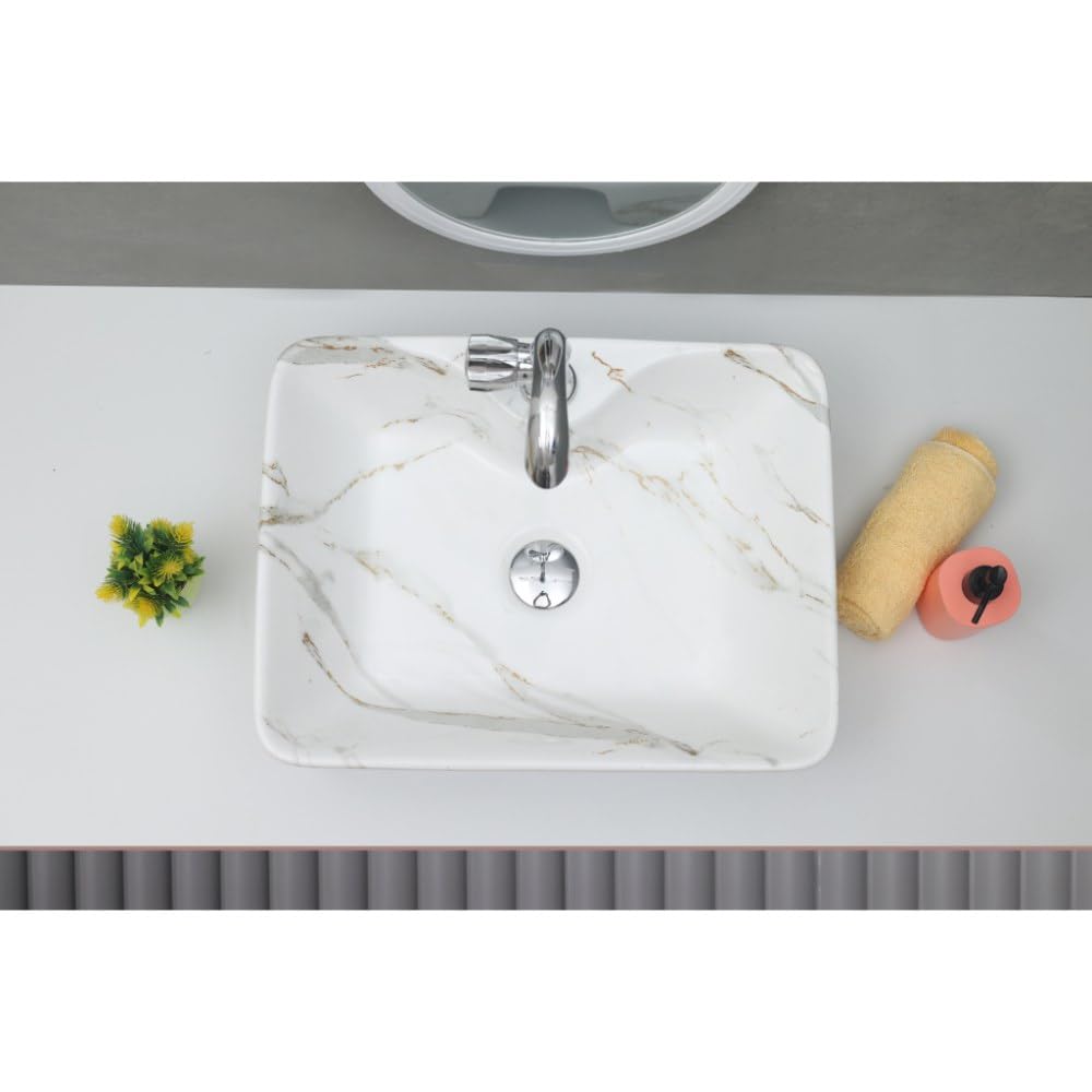 SEA SHORE White & Gold Ceramic Table Top Wash Basin – Slim Rim Over Counter Sink (20 x 15 x 5.5 Inch) 4