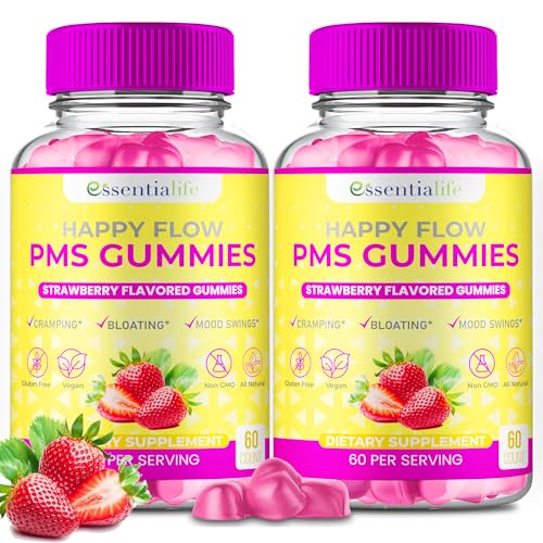 Image of PMS Gummies - Happy Flow PMS Support Supplement for Women - Strawberry PMS Relief Supplement with Vitamin B6 for Hormone Balance, Period Support, Cramps, Hormonal Acne & Bloating Relief (120 Count)