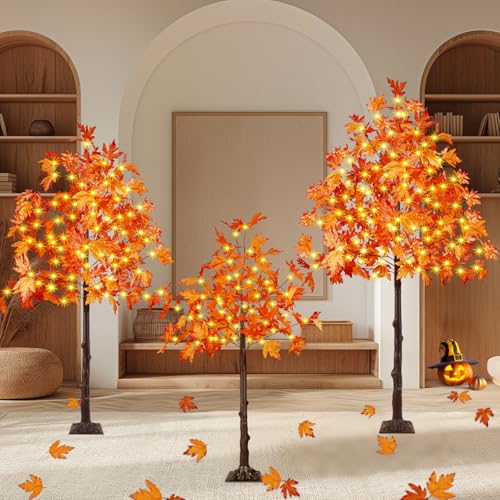 Set of 3 Pre-lit Artificial Lighted Maple Tree with Timer, 4FT 5FT and 6FT 300 LED Warm White Light up Fall Decor for Indoor Outdoor Thanksgiving Day Halloween Home Porch Party Decoration, Orange