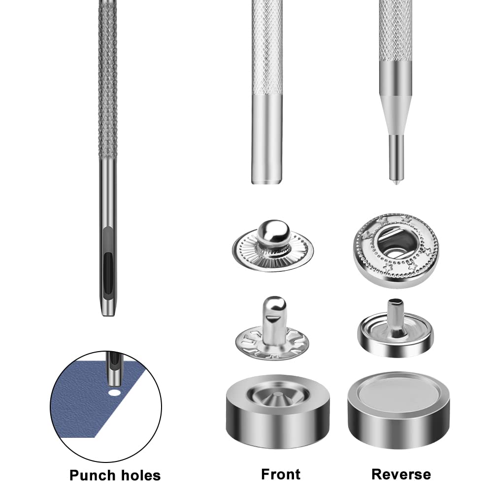 Juego de 50 cierres de cuero con botones de presión de metal plateado, broches de lona de barco de acero inoxidable con 4 herramientas de instalación para coser ropa, pulseras, chaquetas, bolsos,