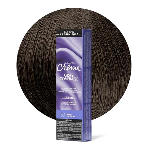 L'OREAL TECHNIQUE Excellence Crème Permanent Hair Color - Long-Lasting Hair Dye, Rich Formula With No-Drip Application, Superb Gray Coverage, 5.1 Medium Ash Brown