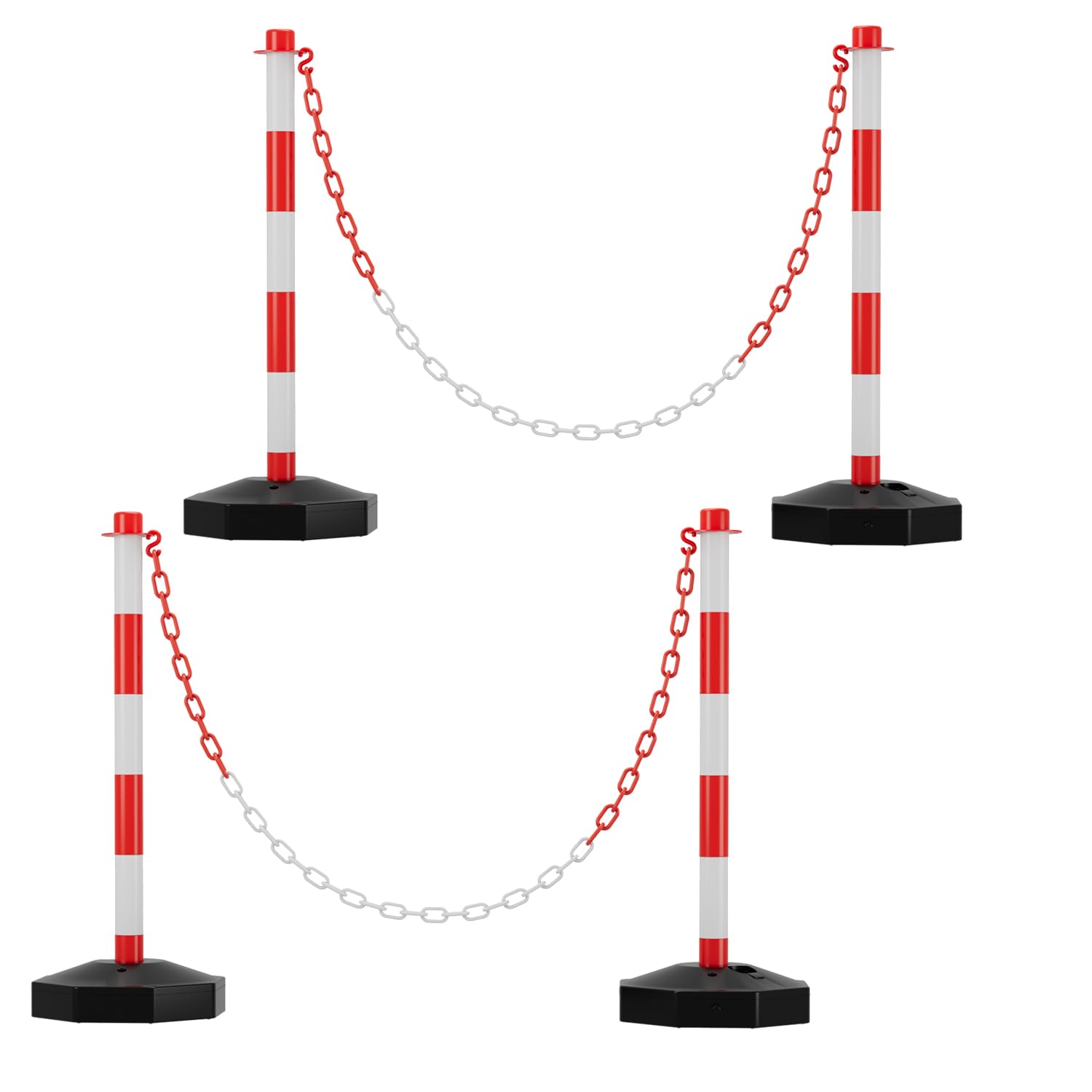 Ikodm 4X Absperrpfosten, Kettenpfosten von 1,4 m Kunststoff Absperrketten Rot und Weiß, Poller Standfuß fasst 3,5 kg Wasser und Sand, Sperrpfosten für Parkplatz, Garage, Auffahrt, dem Tor