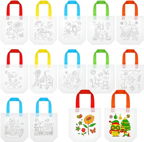 Image of HASTAP DIY Eco-friendly Graffiti Bag Children Reusable Handmade Canvas Painting Non-woven Bag Kids Art Craft Colour Filling Drawing Toy Party Gifting Bags for Return Gifts (Assorted, 12pcs)