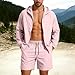 2 Piece Sun Protection Outfits for Men Full Zip UPF 50+ Hooded Shirts Drawstring Shorts Sets Lightweight Outdoor Sets Pink