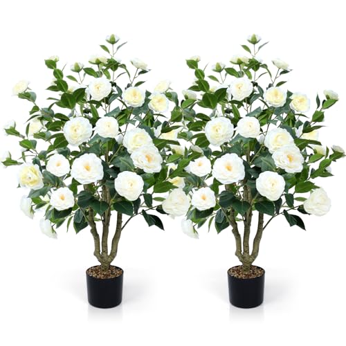 Artificial Camellia Tree 2 Pack 42 with 32 Blooming Flowers in Pot White