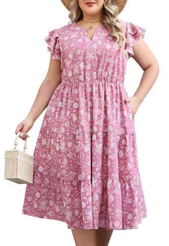 Image of Keluummi Plus Size Midi Dress for Curvy Women Wedding Guest Summer Floral Empire Waist Short Sleeve with Pockets