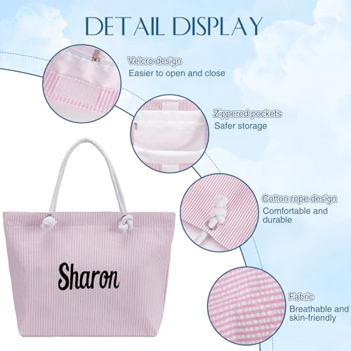 Ulico Personalzied Beach Tote Bag with Embroidered Name，Seersucker Cute Custom Reusable Grocery Shoulder Bag for Women3