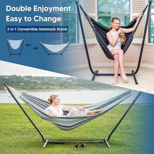 Image of SUNCREAT 2-in-1 Convertible Backyard Hammock with Stand, Green & Orange