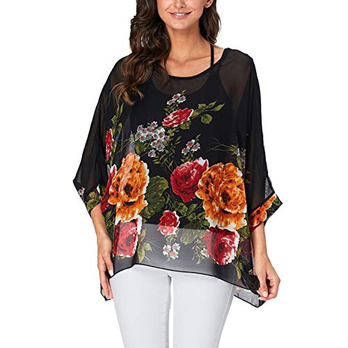 Image of Ckikiou Plus Size Batwing Flowy Semi Sheer Chiffon Blouse Tunic for Women Summer Floral Print Boho Beach Cover ups